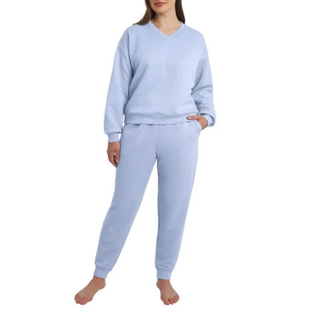 Lands End Womens Quilted Lounge Set Size XL Blue V-Neck Joggers Athleisure